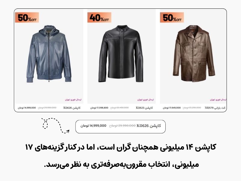 نمونه‌ای از نمایش محصول هدف بین گزینه‌های گران‌تر