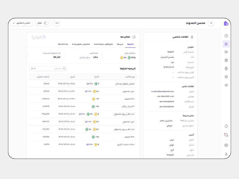 پنل اختصاصی اطلاعات مشتریان در پلتفرم فیلیا